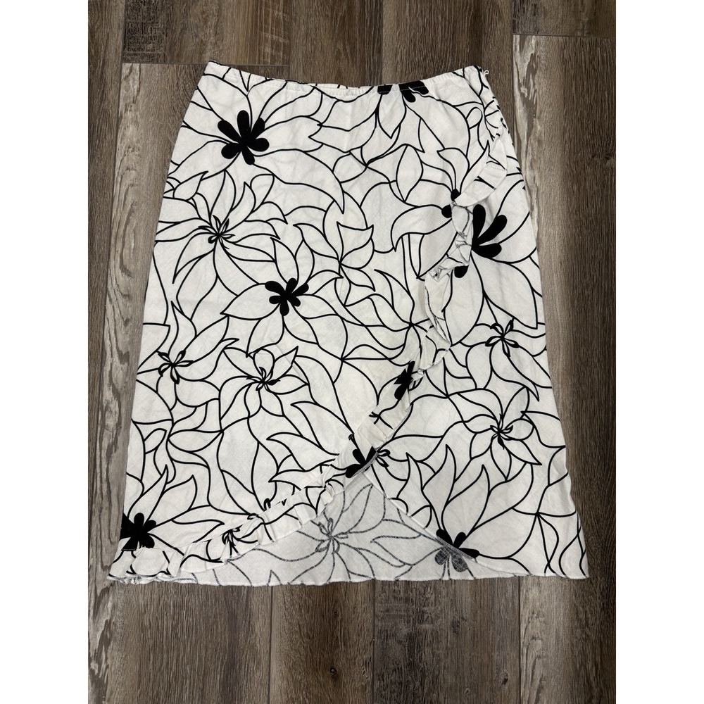 Giorgio Fiorlini Faux Wrap Skirt Womens Medium Linen Blend Black & White Floral‎